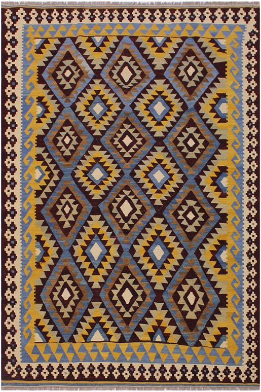 Flat Weave Kilim Antique Navaho Vintage handmade Geometric Kilim Brown Blue Hand-Woven Rectangle 100% Wool Area Rug 6x8
