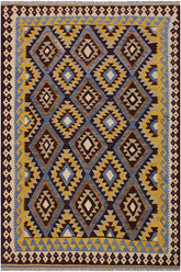 Flat Weave Kilim Antique Navaho Vintage handmade Geometric Kilim Brown Blue Hand-Woven Rectangle 100% Wool Area Rug 6x8