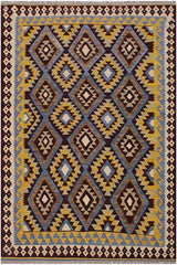 Flat Weave Kilim Antique Navaho Vintage handmade Geometric Kilim Brown Blue Hand-Woven Rectangle 100% Wool Area Rug 6x8