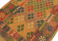 Flat Weave Kilim Antique Navaho Vintage handmade Geometric Kilim Beige Blue Hand-Woven Rectangle 100% Wool Area Rug 4x7