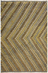 Flat Weave Kilim Antique Navaho Vintage handmade Modern Kilim Blue Brown Hand-Woven Rectangle 100% Wool Area Rug 6x8