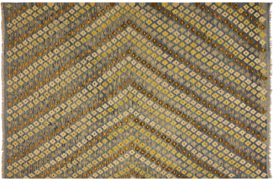 handmade Modern Kilim Blue Brown Hand-Woven RECTANGLE 100% WOOL area rug 6x8