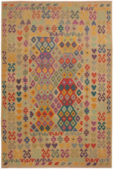 Flat Weave Kilim Antique Navaho Vintage handmade Geometric Kilim Beige Red Hand-Woven Rectangle 100% Wool Area Rug 7x10