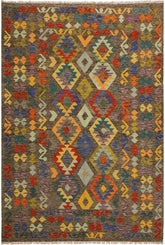 Flat Weave Kilim Antique Navaho Vintage handmade Geometric Kilim Brown Blue Hand-Woven Rectangle 100% Wool Area Rug 6x8