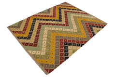 handmade Modern Kilim Gray Beige Hand-Woven RECTANGLE 100% WOOL area rug 5x7