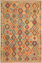 Flat Weave Kilim Antique Navaho Vintage handmade Geometric Kilim Tan Blue Hand-Woven Rectangle 100% Wool Area Rug 7x10