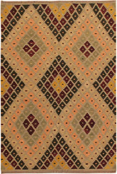 Flat Weave Kilim Antique Navaho Vintage handmade Modern Kilim Tan Beige Hand-Woven Rectangle 100% Wool Area Rug 5x7