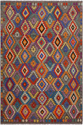 Flat Weave Kilim Antique Navaho Vintage handmade Geometric Kilim Brown Blue Hand-Woven Rectangle 100% Wool Area Rug 7x10