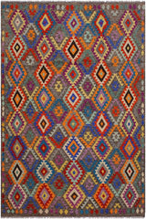 Flat Weave Kilim Antique Navaho Vintage handmade Geometric Kilim Brown Blue Hand-Woven Rectangle 100% Wool Area Rug 7x10
