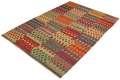 Flat Weave Kilim Antique Navaho Vintage handmade Modern Kilim Green Red Hand-Woven Rectangle 100% Wool Area Rug 7x10