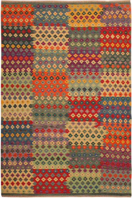 Flat Weave Kilim Antique Navaho Vintage handmade Modern Kilim Green Red Hand-Woven Rectangle 100% Wool Area Rug 7x10