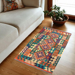 Flat Weave Kilim Antique Navaho Vintage handmade Geometric Kilim Rust Green Hand-Woven Rectangle 100% Wool Area Rug 3x5