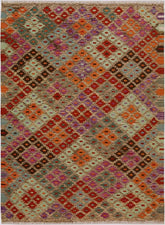 Flat Weave Kilim Antique Navaho Vintage handmade Modern Kilim Brown Red Hand-Woven Rectangle 100% Wool Area Rug 4x6