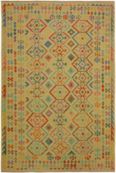 Flat Weave Kilim Antique Navaho Vintage handmade Geometric Kilim Tan Blue Hand-Woven Rectangle 100% Wool Area Rug 7x10