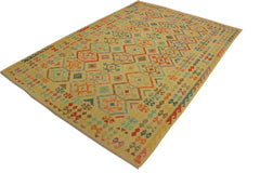 handmade Geometric Kilim Tan Blue Hand-Woven RECTANGLE 100% WOOL area rug 7 x 10