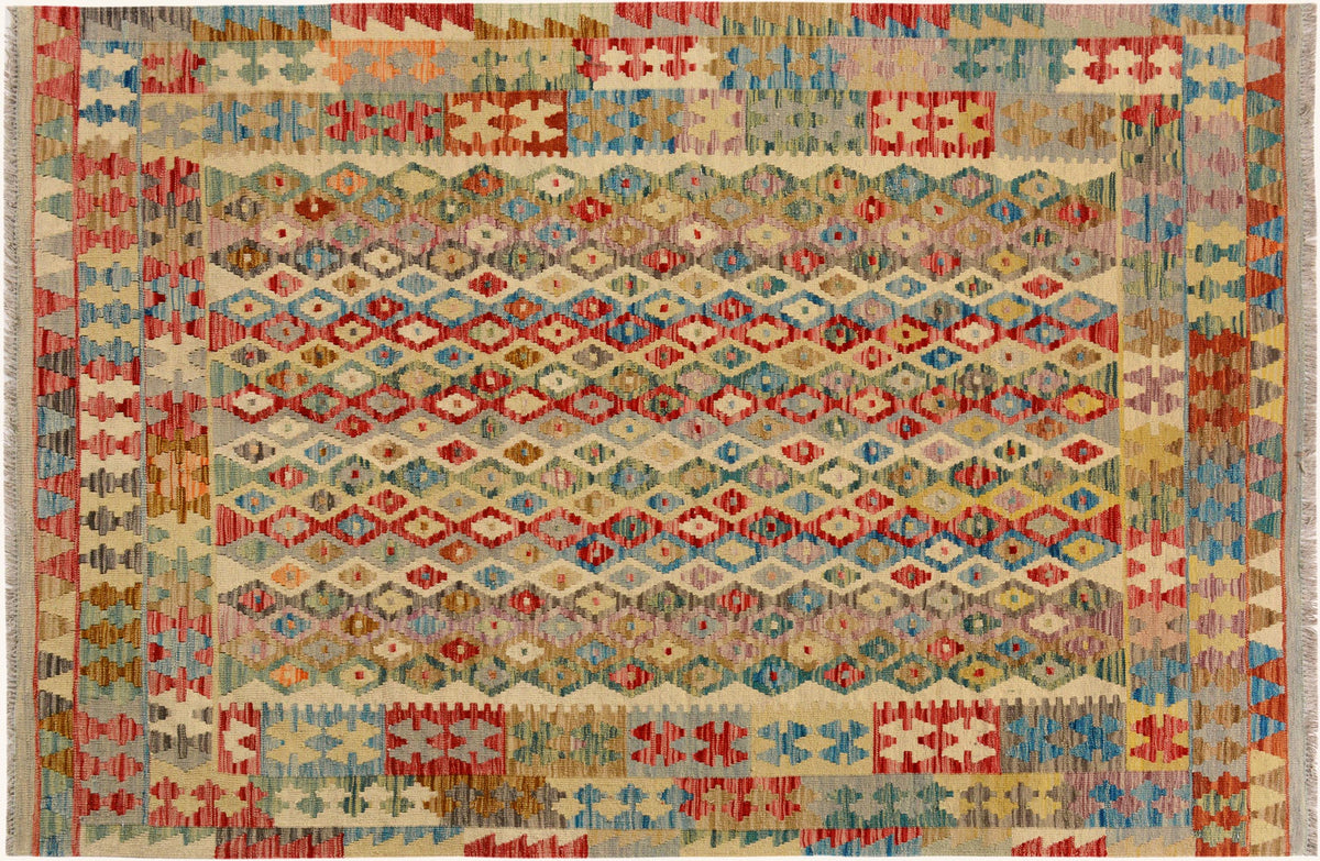 5x7 hand woven Turkish Modern Kilim wool rug in beige and blue - Turkish Chevron Avelina