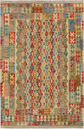 Flat Weave Kilim Antique Navaho Vintage handmade Geometric Kilim Beige Blue Hand-Woven Rectangle 100% Wool Area Rug 5x7