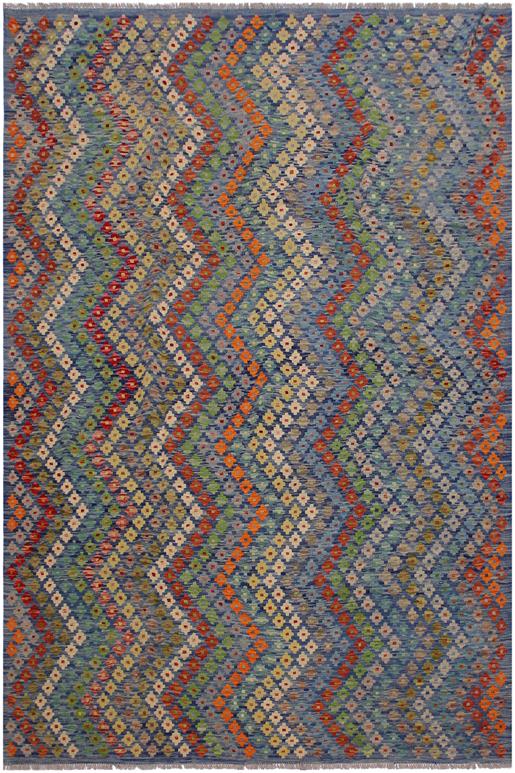 Flat Weave Kilim Antique Navaho Vintage handmade Modern Kilim Blue Red Hand-Woven Rectangle 100% Wool Area Rug 7x10