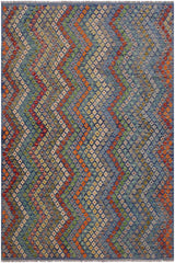 Flat Weave Kilim Antique Navaho Vintage handmade Modern Kilim Blue Red Hand-Woven Rectangle 100% Wool Area Rug 7x10