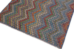 Flat Weave Kilim Antique Navaho Vintage handmade Modern Kilim Blue Red Hand-Woven Rectangle 100% Wool Area Rug 7x10