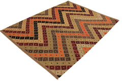 Flat Weave Kilim Antique Navaho Vintage handmade Modern Kilim Tan Beige Hand-Woven Rectangle 100% Wool Area Rug 5x7