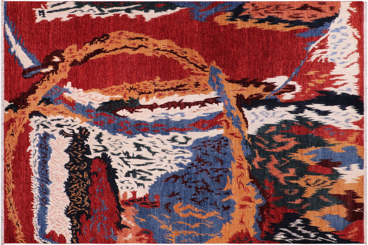 8x10 hand knotted modern wool rug in red and ivory - Chic Cecilia