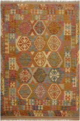 Flat Weave Kilim Antique Navaho Vintage handmade Geometric Kilim Beige Gold Hand-Woven Rectangle 100% Wool Area Rug 6x8
