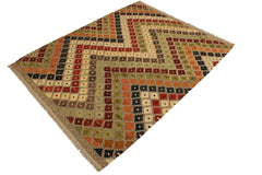 Flat Weave Kilim Antique Navaho Vintage handmade Modern Kilim Gray Brown Hand-Woven Rectangle 100% Wool Area Rug 5x7