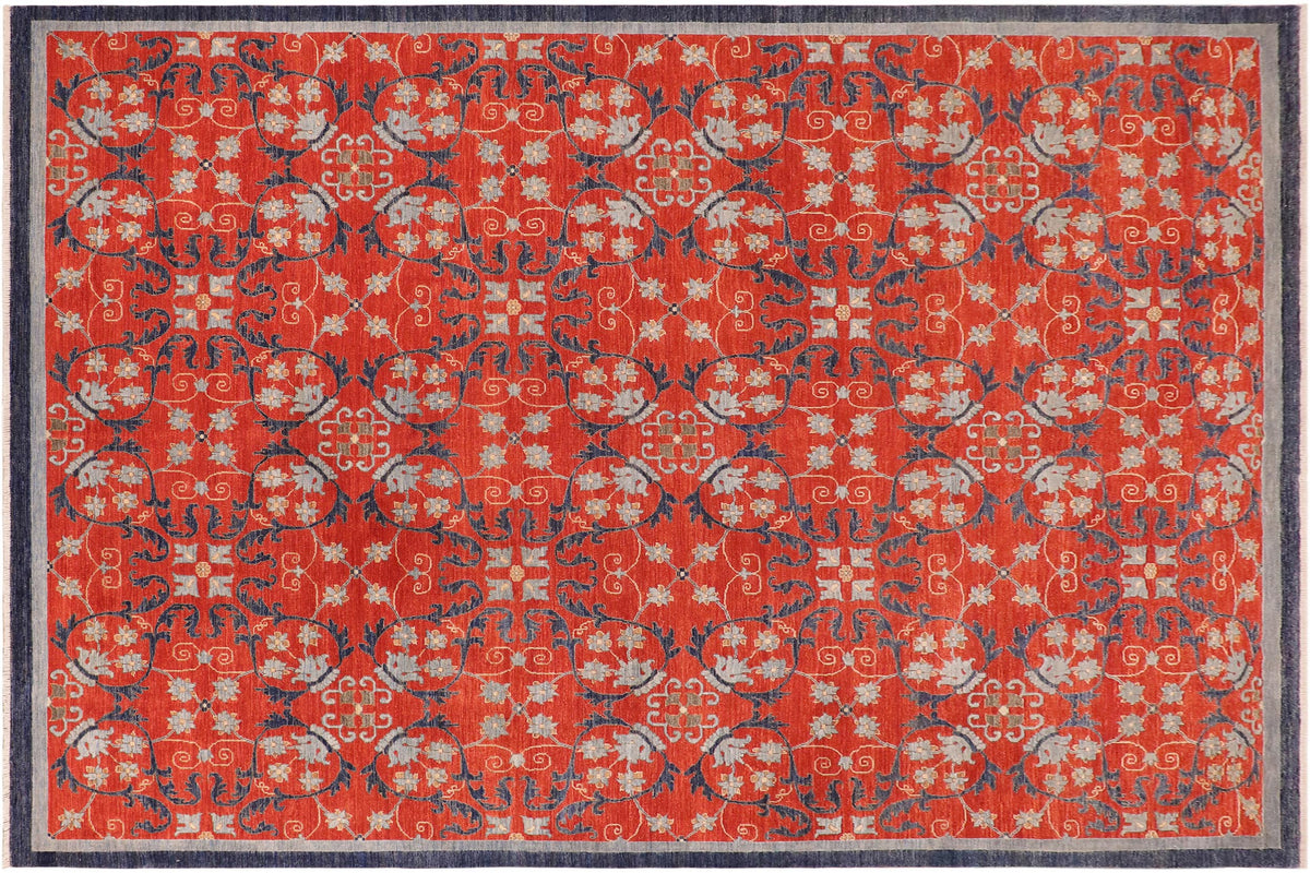 10x14 hand knotted modern wool rug in rust and blue - Chic Aileen