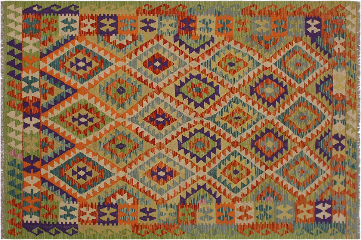 5x8 hand woven Turkish Kilim wool rug in beige and rust - Rustic Neoma Turkish