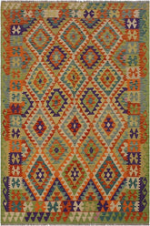 Flat Weave Kilim Antique Navaho Vintage handmade Geometric Kilim Beige Rust Hand-Woven Rectangle 100% Wool Area Rug 5x8
