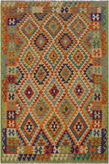Flat Weave Kilim Antique Navaho Vintage handmade Geometric Kilim Beige Rust Hand-Woven Rectangle 100% Wool Area Rug 5x8