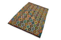 Flat Weave Kilim Antique Navaho Vintage handmade Geometric Kilim Brown Beige Hand-Woven Rectangle 100% Wool Area Rug 6x8