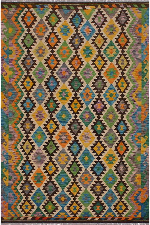 Flat Weave Kilim Antique Navaho Vintage handmade Geometric Kilim Brown Beige Hand-Woven Rectangle 100% Wool Area Rug 6x8