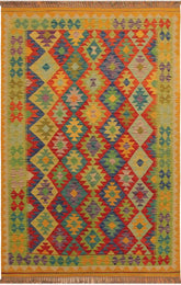 Flat Weave Kilim Antique Navaho Vintage handmade Geometric Kilim Gold Red Hand-Woven Rectangle 100% Wool Area Rug 5x7