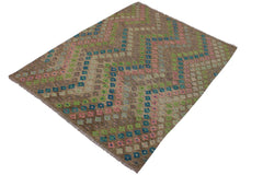 Flat Weave Kilim Antique Navaho Vintage handmade Modern Kilim Gray Green Hand-Woven Rectangle 100% Wool Area Rug 6x8