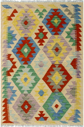 Flat Weave Kilim Antique Navaho Vintage handmade Geometric Kilim Beige Blue Hand-Woven Rectangle 100% Wool Area Rug 3x4