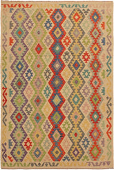 Flat Weave Kilim Antique Navaho Vintage handmade Geometric Kilim Beige Red Hand-Woven Rectangle 100% Wool Area Rug 7x10