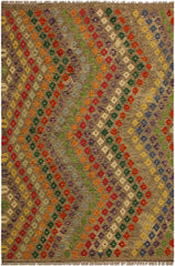 Flat Weave Kilim Antique Navaho Vintage handmade Modern Kilim Brown Green Hand-Woven Rectangle 100% Wool Area Rug 5x7