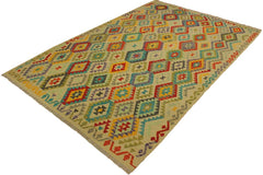 Flat Weave Kilim Antique Navaho Vintage handmade Geometric Kilim Beige Red Hand-Woven Rectangle 100% Wool Area Rug 7x10