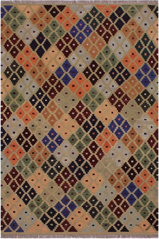 Flat Weave Kilim Antique Navaho Vintage handmade Modern Kilim Tan Blue Hand-Woven Rectangle 100% Wool Area Rug 5x7