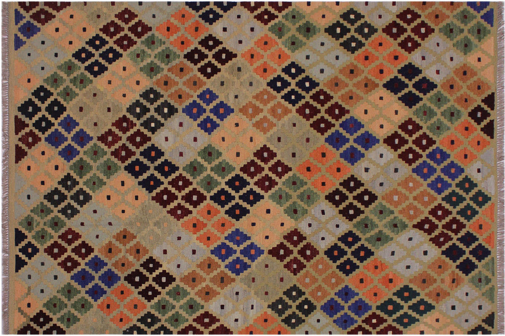 handmade Modern Kilim Tan Blue Hand-Woven RECTANGLE 100% WOOL area rug 5x7