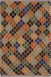 Flat Weave Kilim Antique Navaho Vintage handmade Modern Kilim Tan Blue Hand-Woven Rectangle 100% Wool Area Rug 5x7