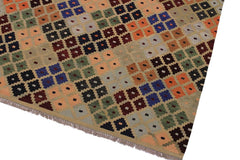 Flat Weave Kilim Antique Navaho Vintage handmade Modern Kilim Tan Blue Hand-Woven Rectangle 100% Wool Area Rug 5x7