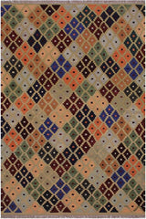 Flat Weave Kilim Antique Navaho Vintage handmade Modern Kilim Tan Blue Hand-Woven Rectangle 100% Wool Area Rug 5x7