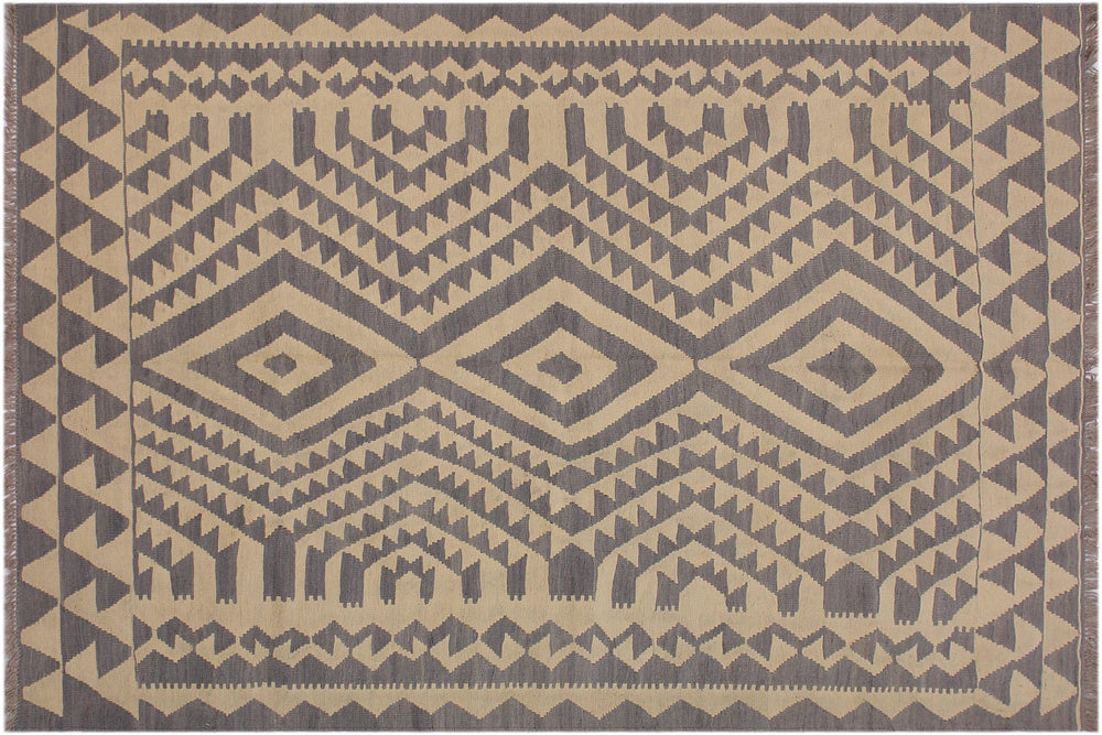 handmade Modern Kilim Gray Tan Hand-Woven RECTANGLE 100% WOOL area rug 6' x 8'
