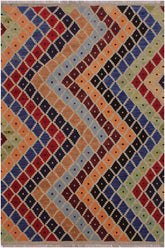 Flat Weave Kilim Antique Navaho Vintage handmade Modern Kilim Gray Red Hand-Woven Rectangle 100% Wool Area Rug 5x6