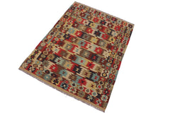 Flat Weave Kilim Antique Navaho Vintage handmade Geometric Kilim Beige Blue Hand-Woven Rectangle 100% Wool Area Rug 5x7