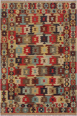 Flat Weave Kilim Antique Navaho Vintage handmade Geometric Kilim Beige Blue Hand-Woven Rectangle 100% Wool Area Rug 5x7