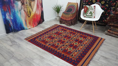 handmade Geometric Kilim Red Blue Hand-Woven RECTANGLE 100% WOOL area rug 4' x 7'